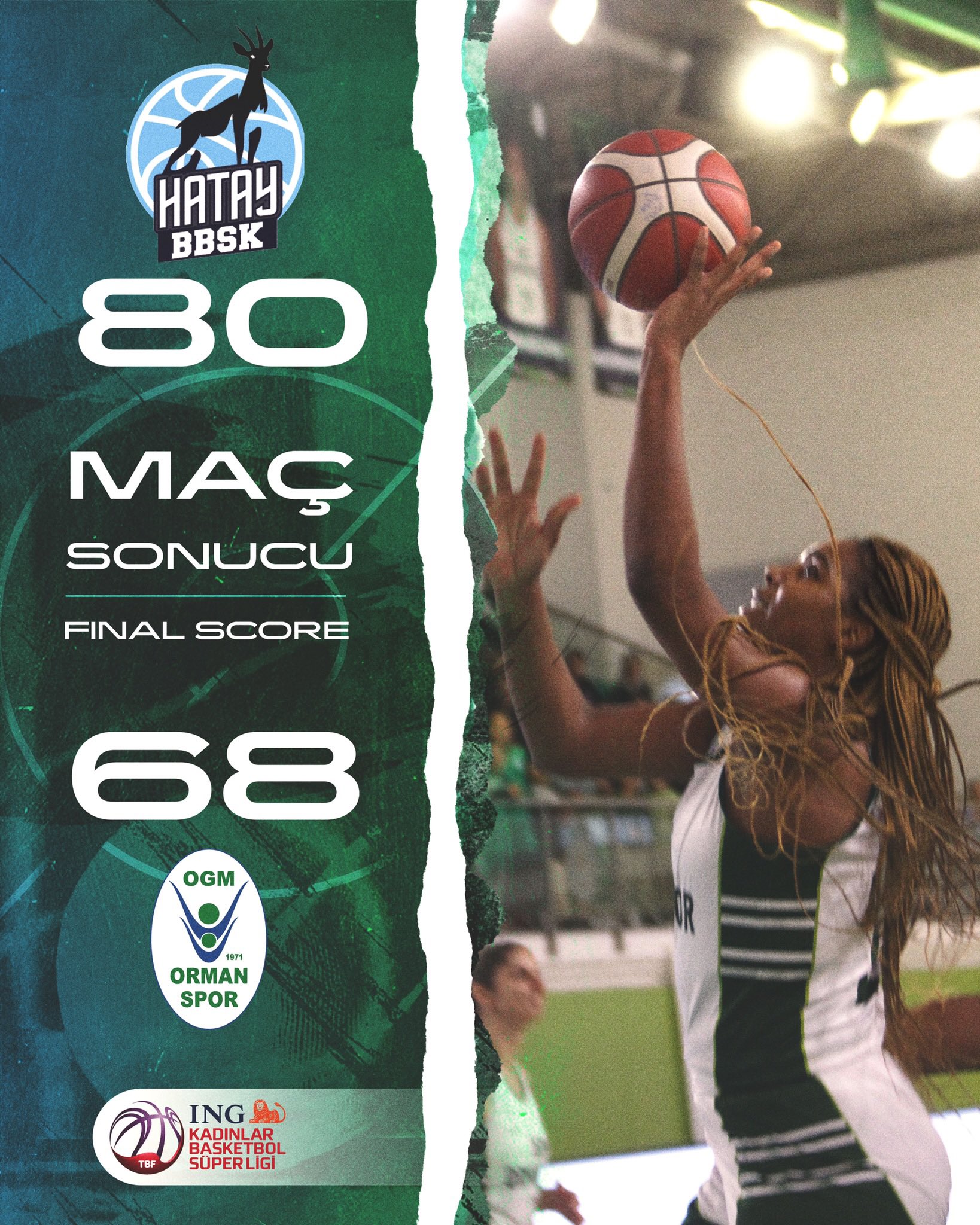 "HATAY BÜYÜKŞEHİR BELEDİYESPOR:80-OGM ORMANSPOR:68"